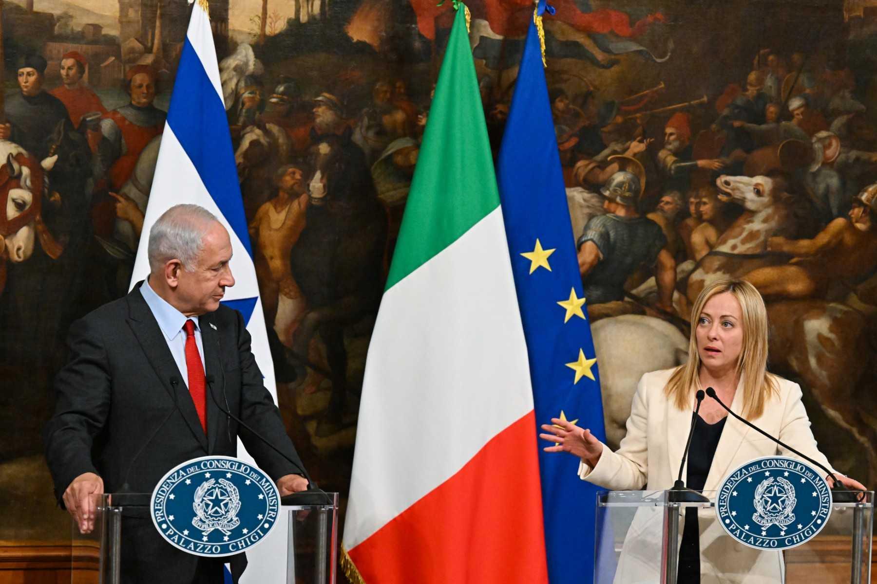 Italy's Prime Minister, Giorgia Meloni and Israel's prime minister Benjamin Netanyahu hold a joint press conference following their meeting on March 10, at Palazzo Chigi in Rome. Photo: AFP