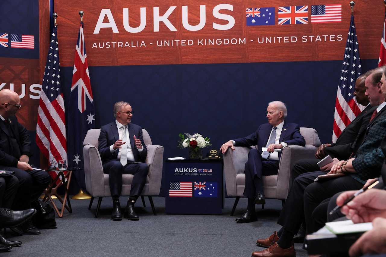 US President Joe Biden participates in a bilateral meeting with Australian Prime Minister Anthony Albanese at Navy Gateway Inns and Suites, in San Diego, California, March 13. Photo: Reuters
