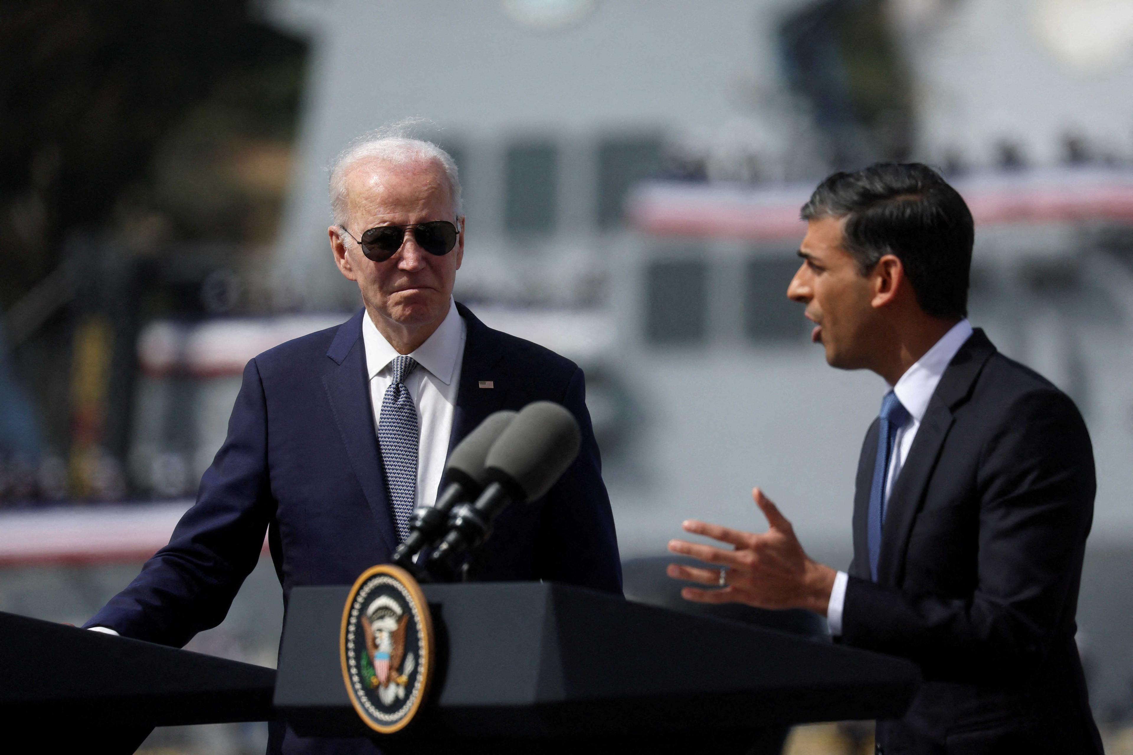 British Prime Minister Rishi Sunak delivers remarks on the Australia - United Kingdom - US (Aukus) partnership, after a trilateral meeting with US President Joe Biden and Australian Prime Minister Anthony Albanese, at Naval Base Point Loma in San Diego, California US March 13. Photo: Reuters
