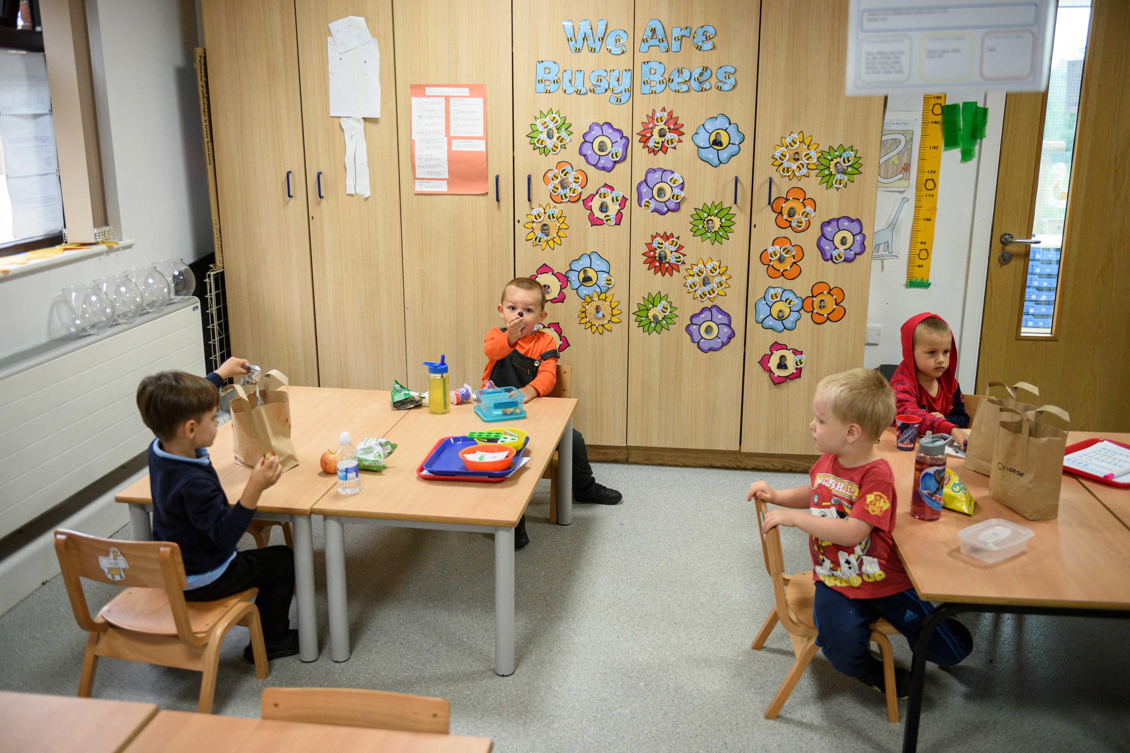 Nursery children have their lunch in Oldham, north-west England on June 18, 2020. Photo: AFP