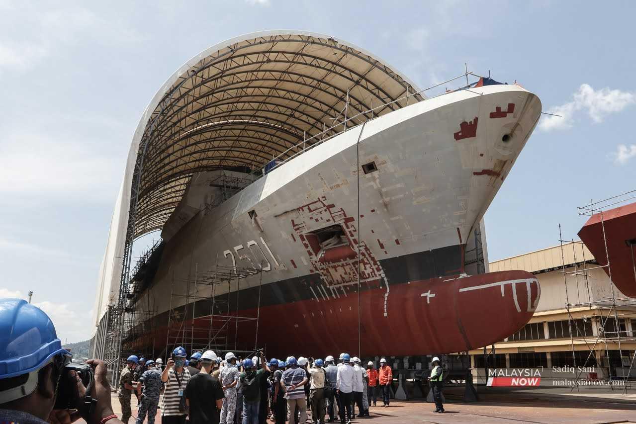 An external view of the littoral combat ship 1 or LCS1 which was 60% complete as of April 2022, at the Boustead Naval Shipyard in Lumut, Perak.
