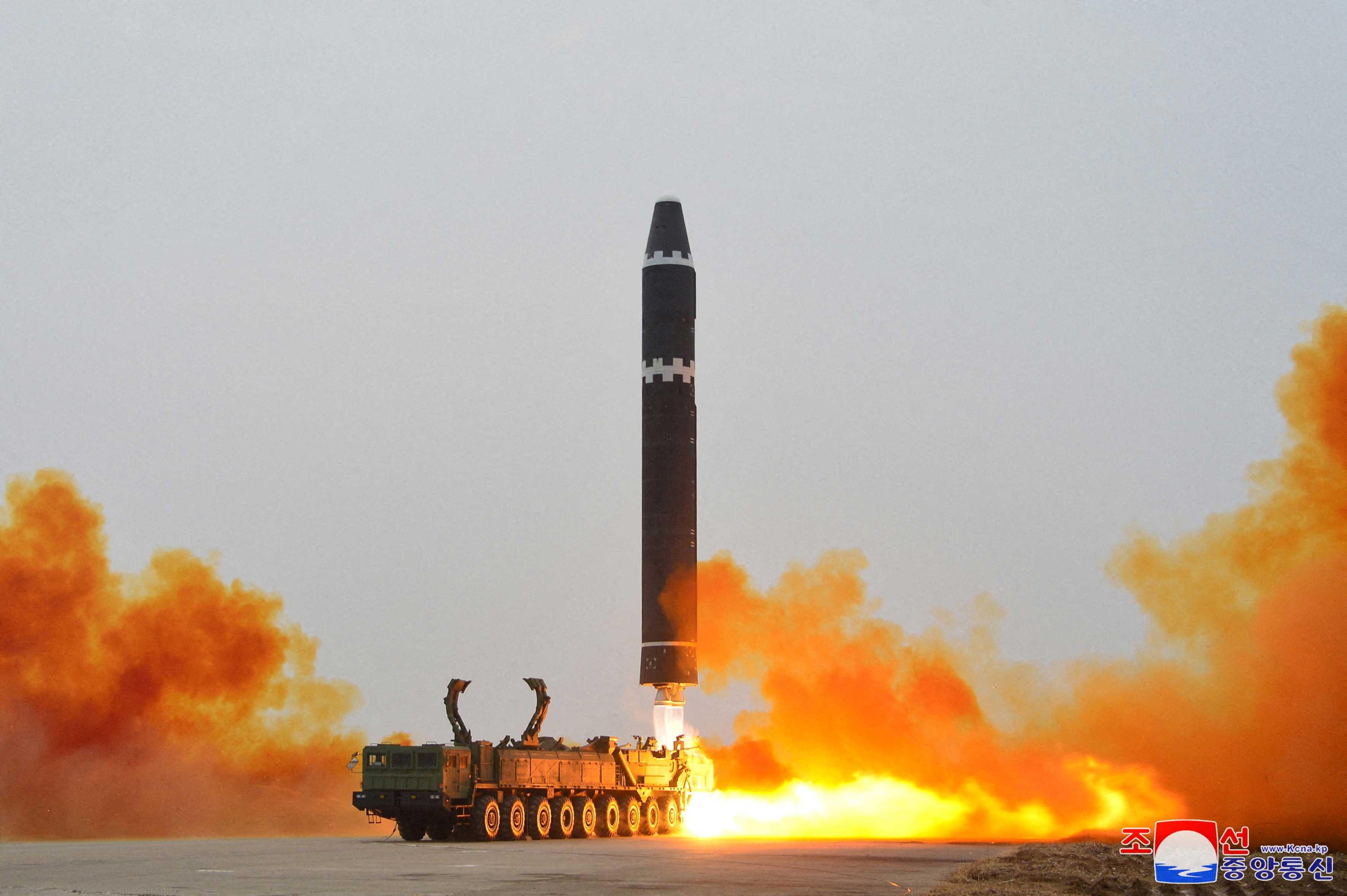 A Hwasong-15 intercontinental ballistic missile (ICBM) is launched at Pyongyang International Airport, in Pyongyang, North Korea Feb 18, in this photo released by North Korea's Korean Central News Agency (KCNA). Photo: Reuters