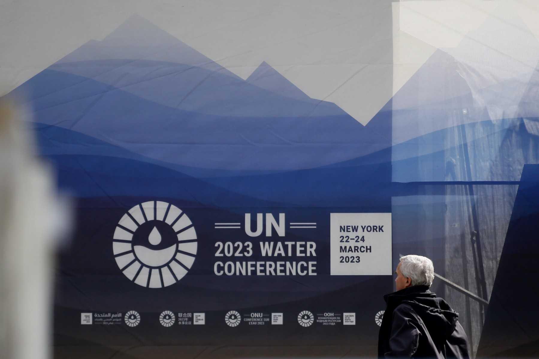 A man walks inside the UN headquarters, ahead of the UN Water Conference, on March 22, in New York City. Photo: AFP