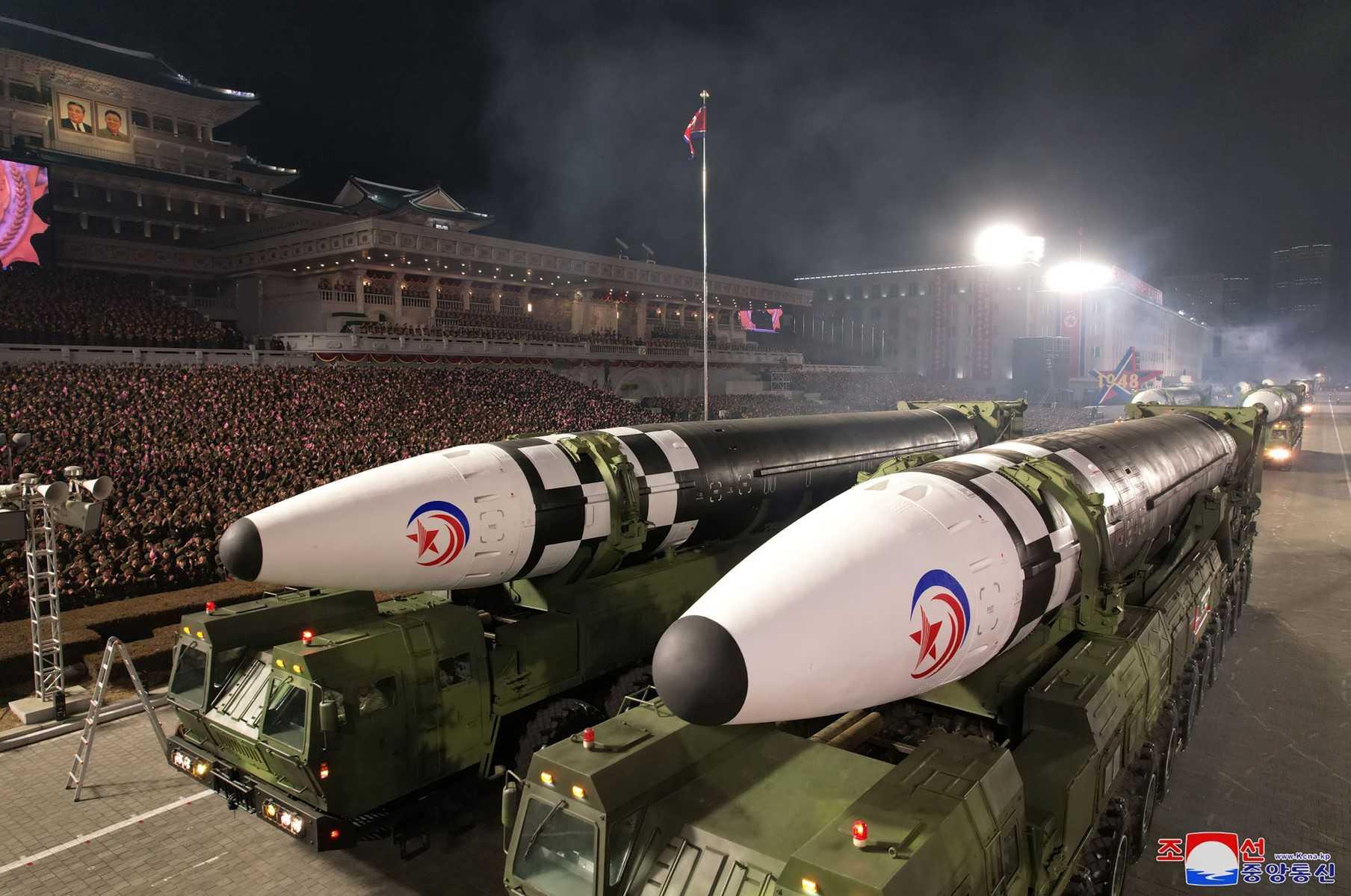 This picture taken on Feb 8, and released from North Korea's official Korean Central News Agency on Feb 9, shows intercontinental ballistic missiles during a military parade celebrating the 75th anniversary of the founding of the Korean People's Army in Kim Il Sung Square in Pyongyang. Photo: AFP