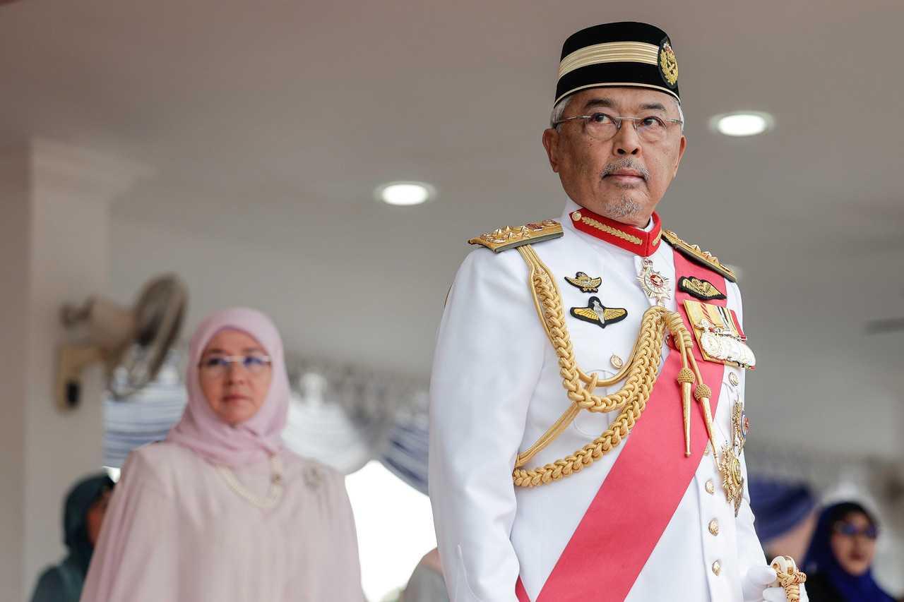 Yang di-Pertuan Agong Sultan Abdullah Sultan Ahmad Shah with Raja Permaisuri Agong Tunku Azizah Aminah Maimunah Iskandariah in Kuala Lumpur, March 20. Photo: Bernama
