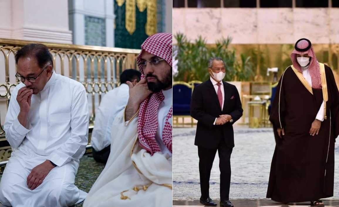 Prime Minister Anwar Ibrahim in the the holy city of Medina, during an official visit to Saudi Arabia where he failed to meet Saudi Crown Prince Mohammed bin Salman. Right: Muhyiddin Yassin greeted by Mohammed at the airport during an official visit to Saudi Arabia in 2021.