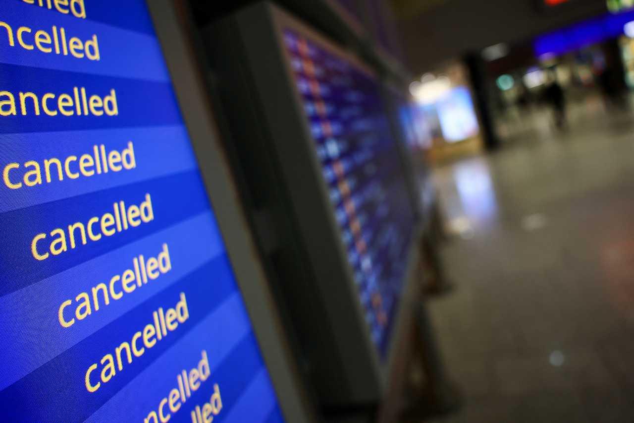A display board shows a list of cancelled flights at Frankfurt airport during a nationwide strike called by the German trade union Verdi over a wage dispute in Frankfurt, Germany, March 27. Photo: Reuters