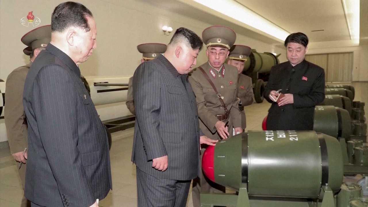 A screen grab shows North Korean leader Kim Jong Un inspecting nuclear warheads at an undisclosed location in this undated still image used in a video. Photo: Reuters 