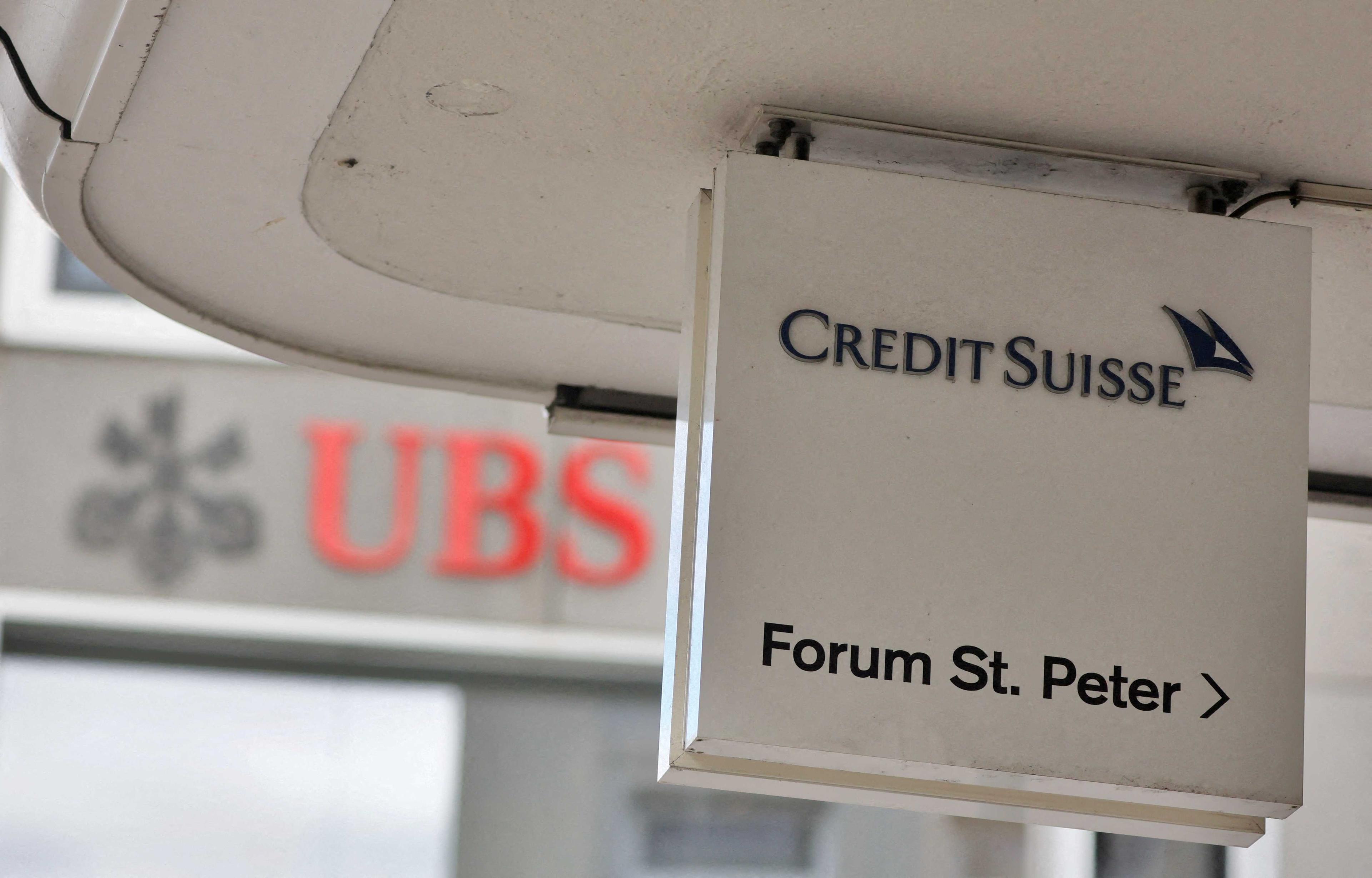 Logos of Swiss bank UBS and Credit Suisse in Zurich, Switzerland March 20. Photo: Reuters
