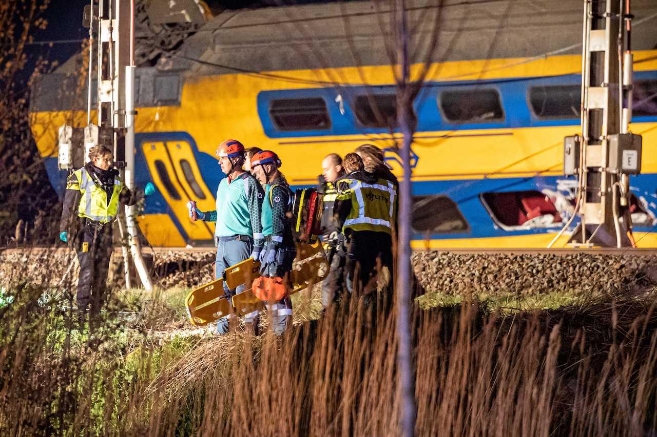 Rescue operations underway following the derailment of a passenger train in Voorschoten, Netherlands, April 4, in this picture obtained from social media. Photo: Reuters