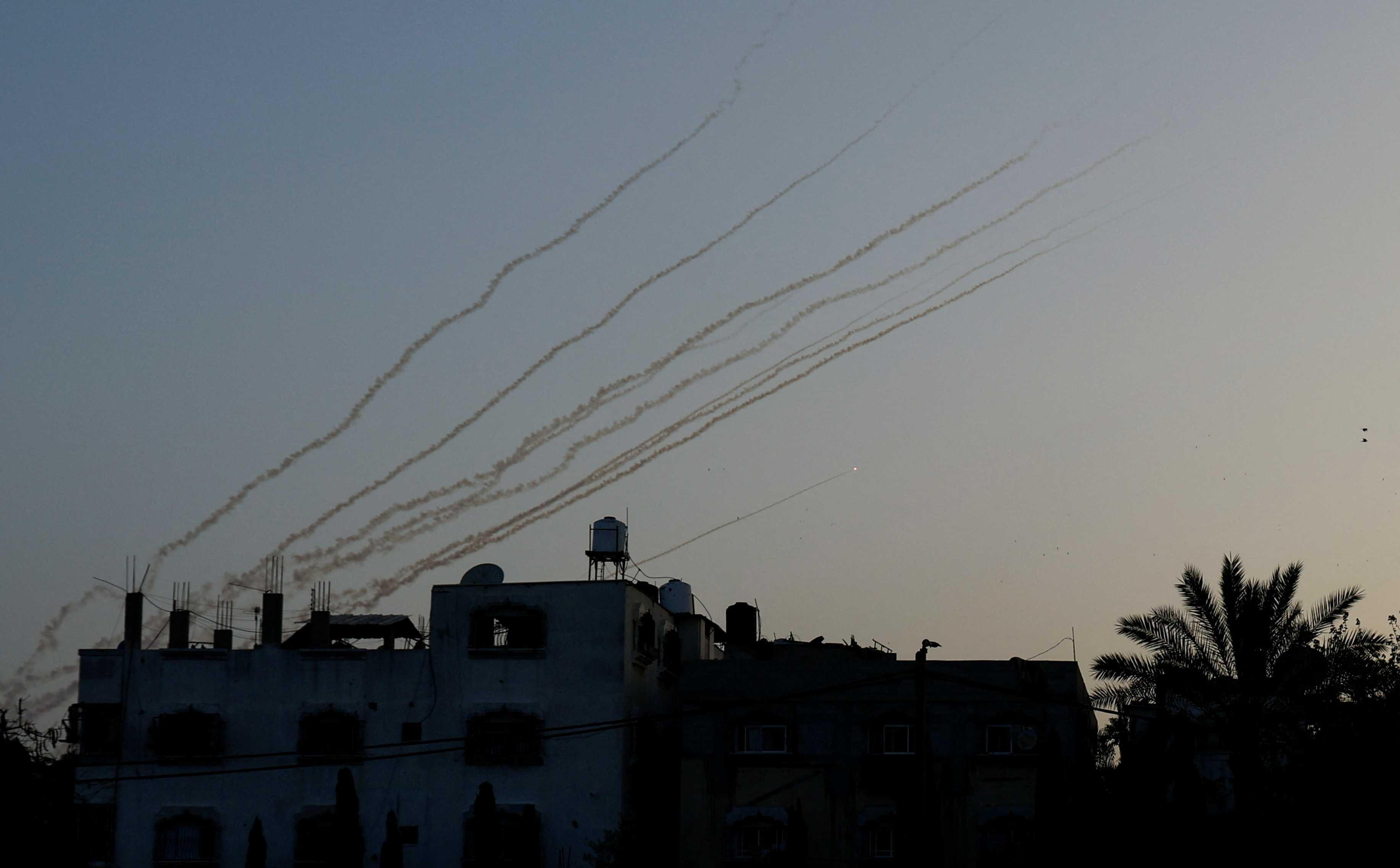 Streaks are seen in the sky as rockets are launched from Gaza, April 7. Photo: Reuters