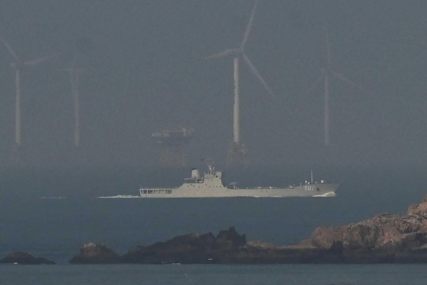 A PLA Navy landing ship sails towards northeast of Pingtan island, the closest point in China to Taiwan, in China’s southeast Fujian province on April 10. Photo: AFP
