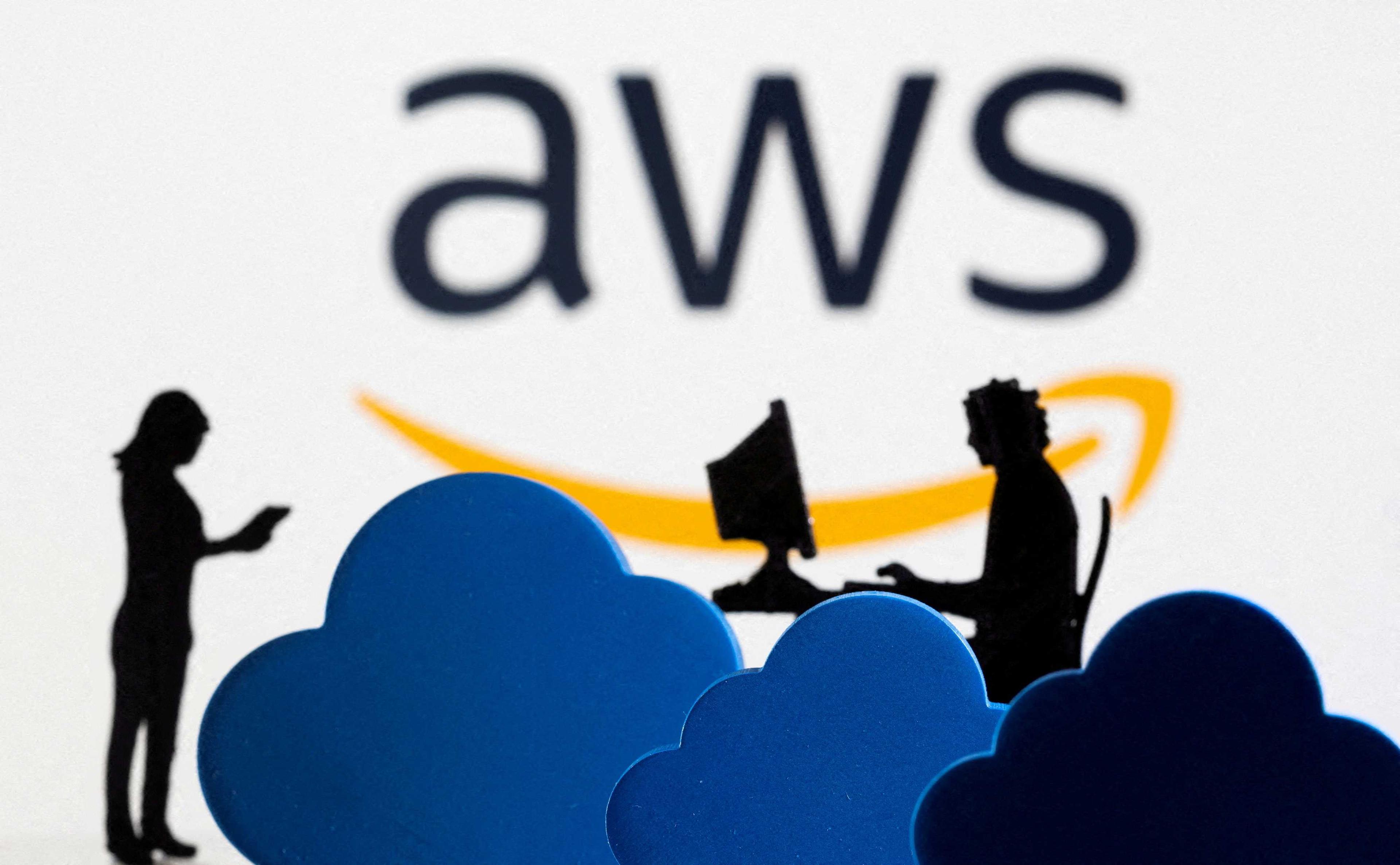 3D printed clouds and figurines are seen in front of the AWS (Amazon Web Service) cloud service logo in this illustration taken Feb 8, 2022. Photo: Reuters