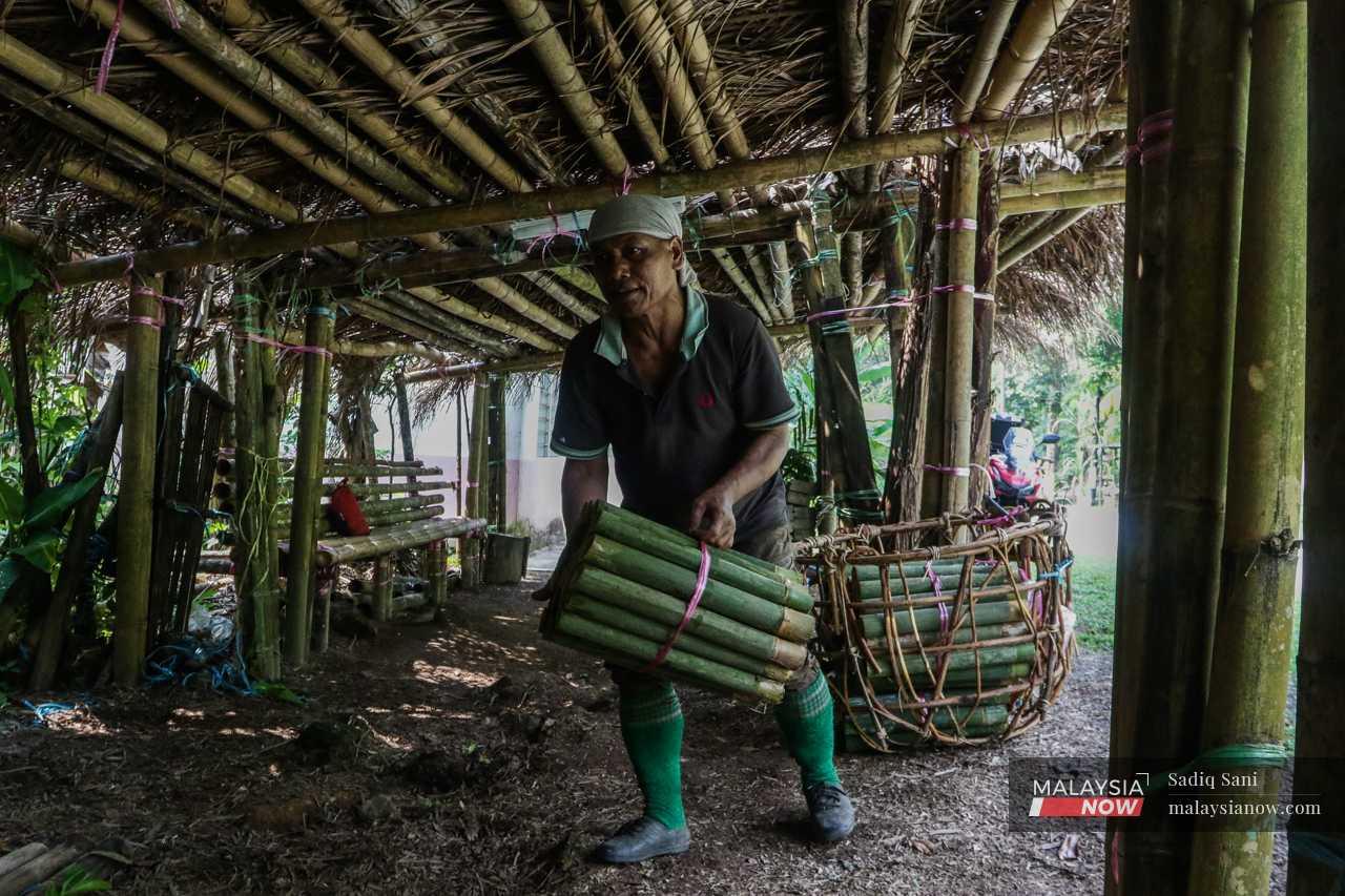 Once he is out of the jungle, he stores the sticks in a hut to keep them dry while waiting for the middlemen to collect them. 