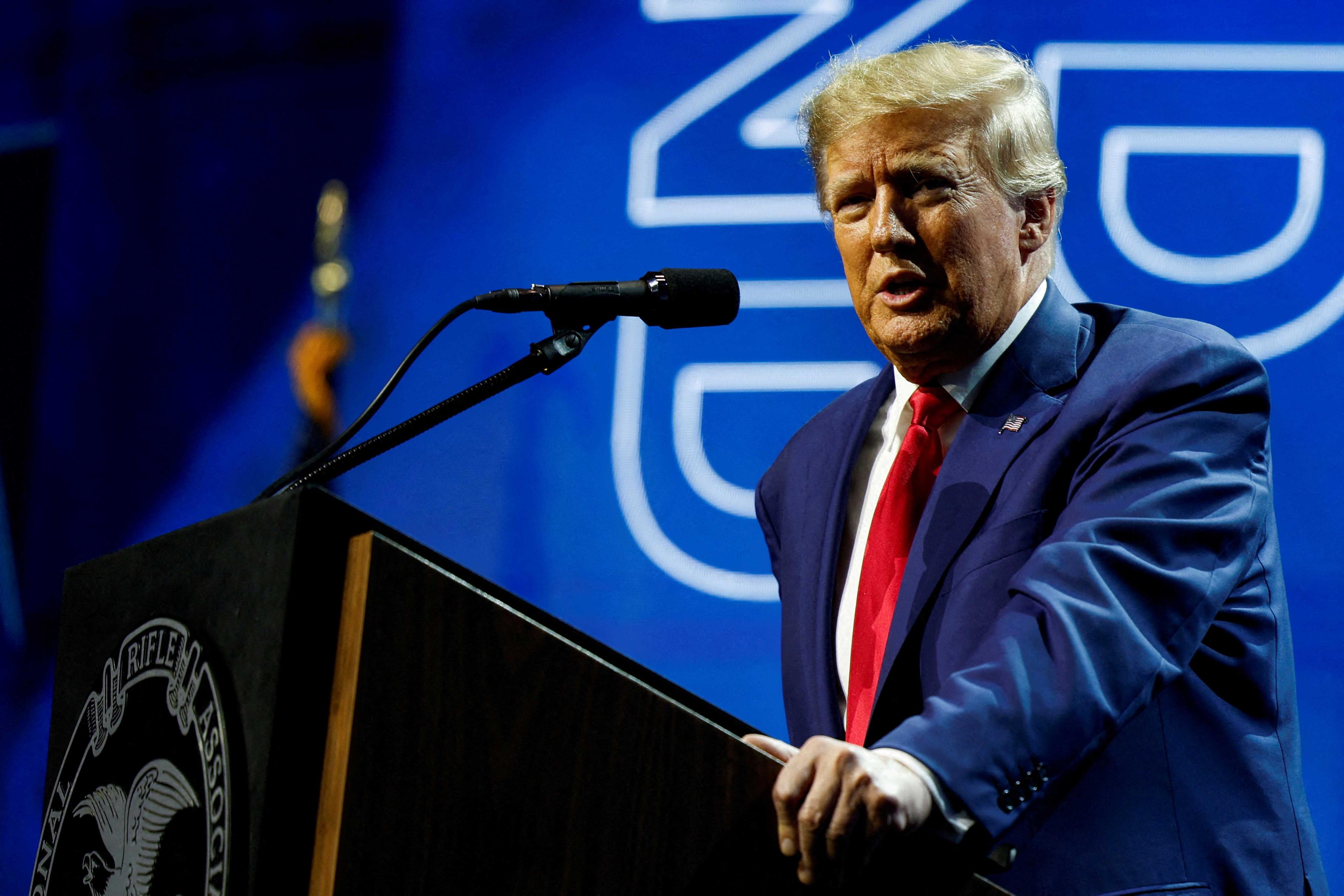 Former US president Donald Trump speaks the National Rifle Association (NRA) annual convention in Indianapolis, Indiana, US, April 14. Photo: Reuters