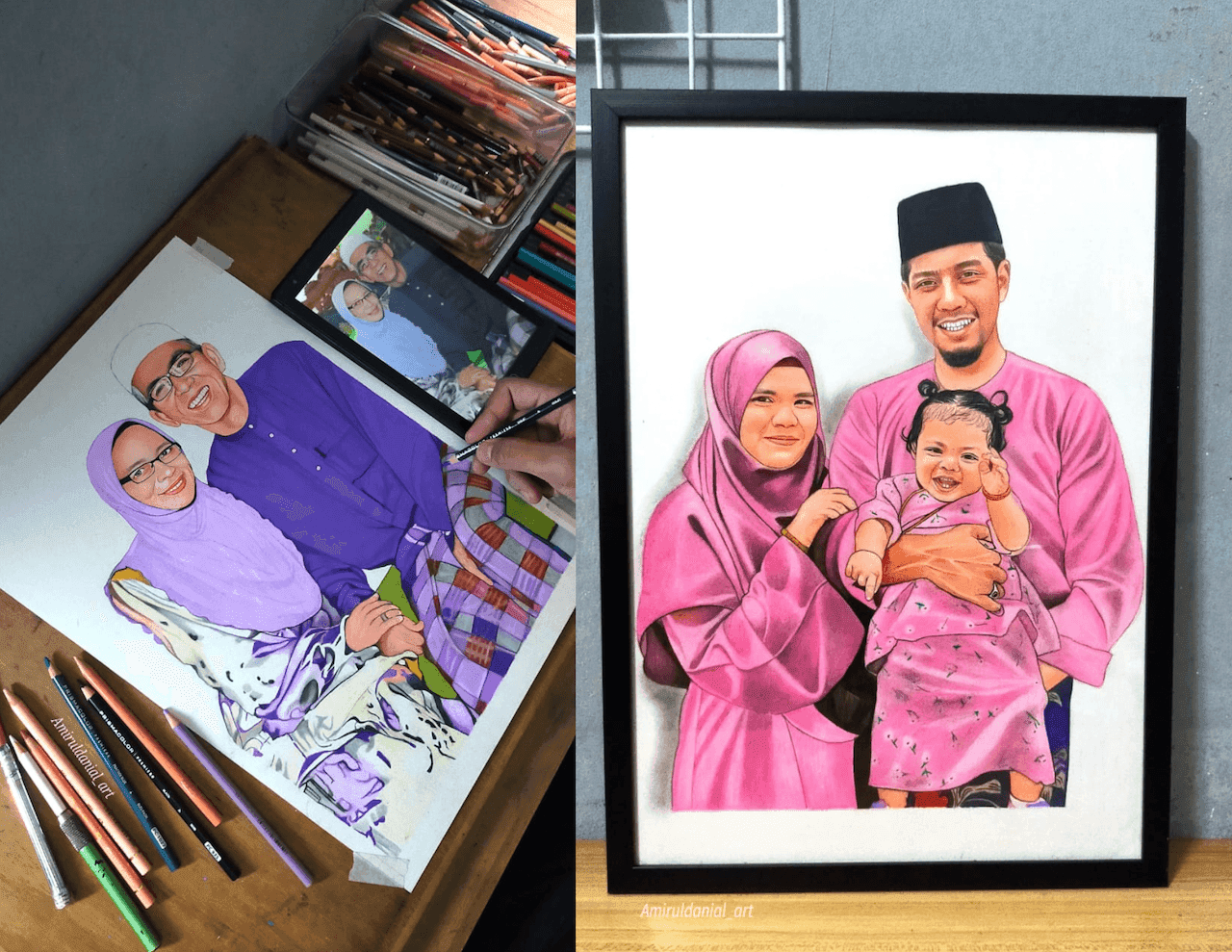Amirul Danial works in his room, turning photographs of families into paintings for Hari Raya. Photo: Instagram

