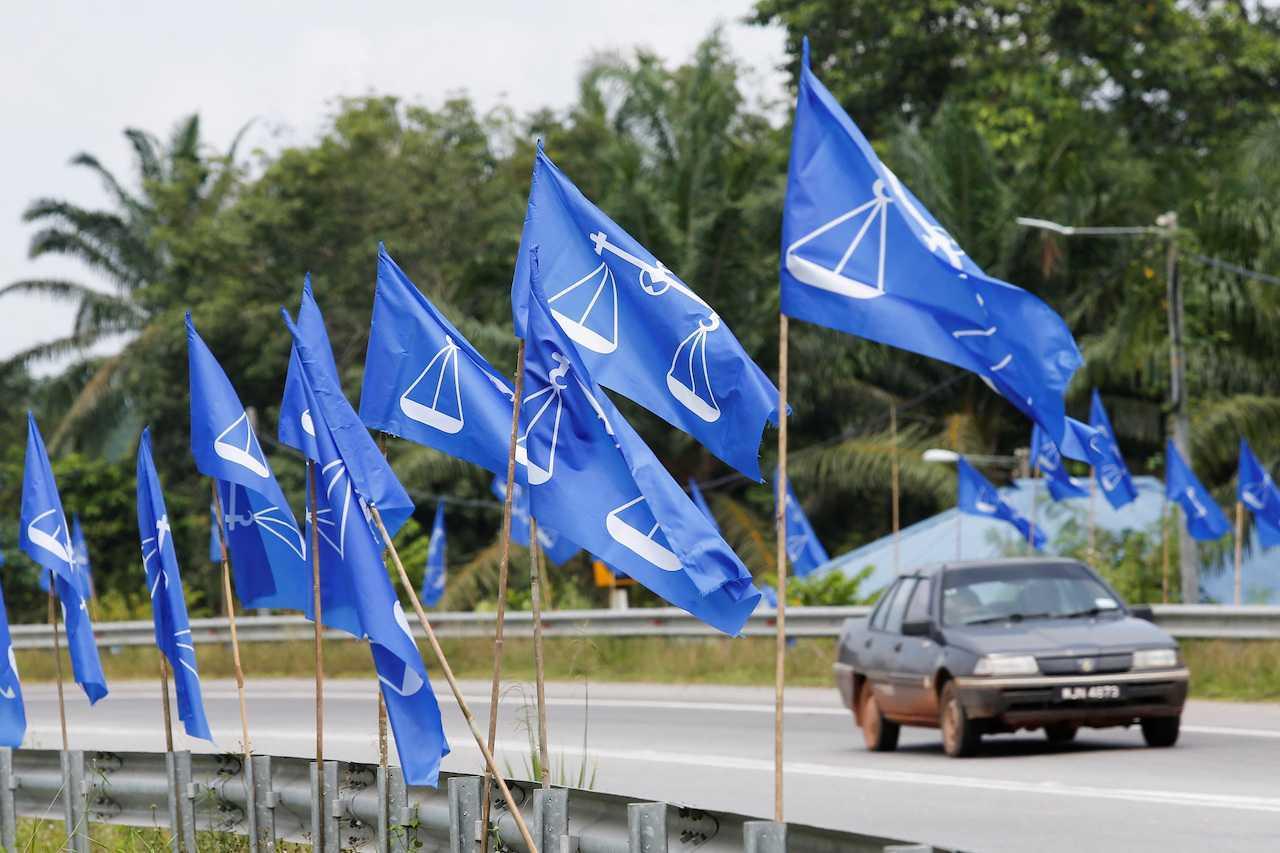 A row of Barisan Nasional flags fly in the breeze. Photo: Reuters