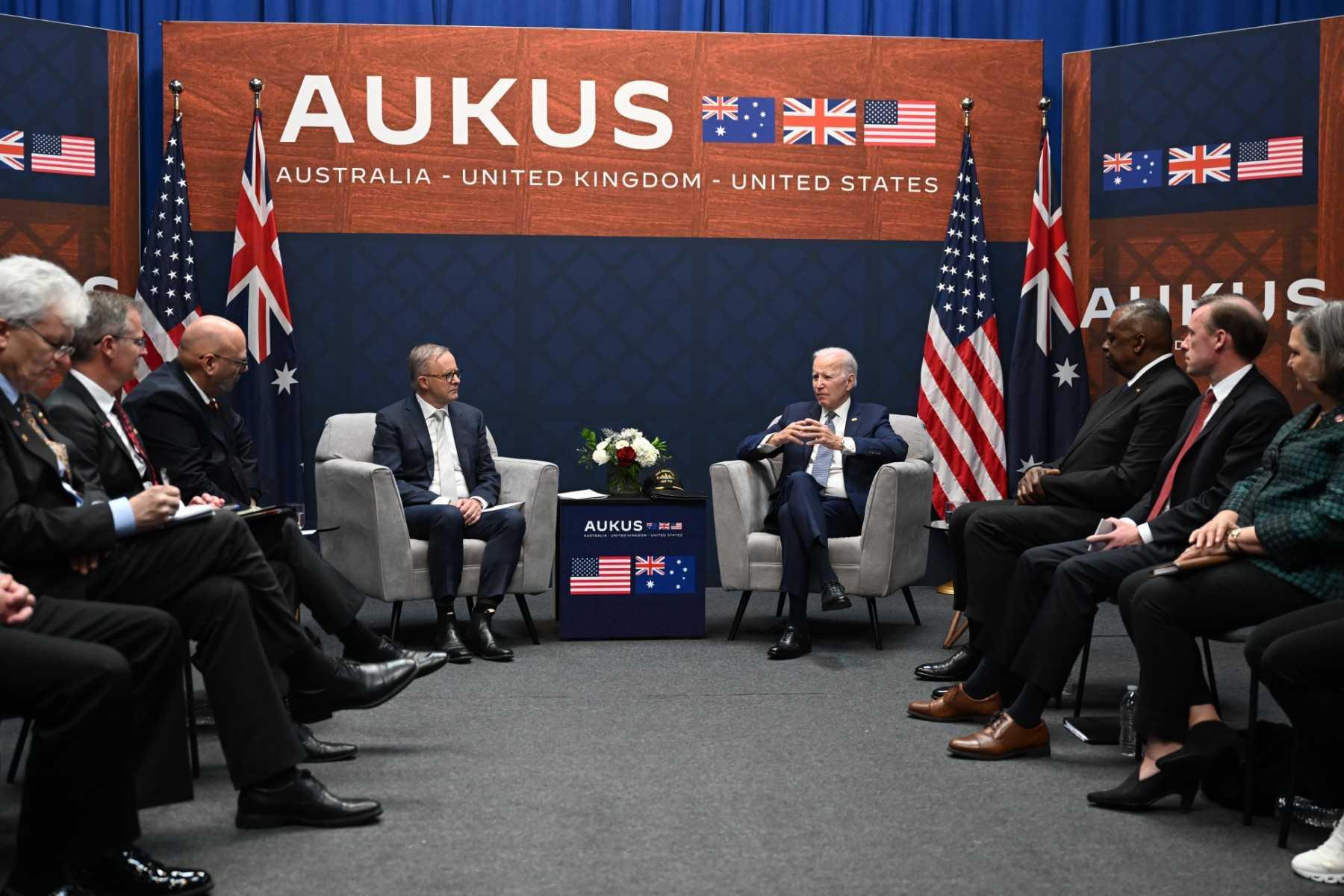 US President Joe Biden meets with Australian Prime Minister Anthony Albanese during the Aukus summit at Naval Base Point Loma in San Diego California on March 13. Photo: AFP