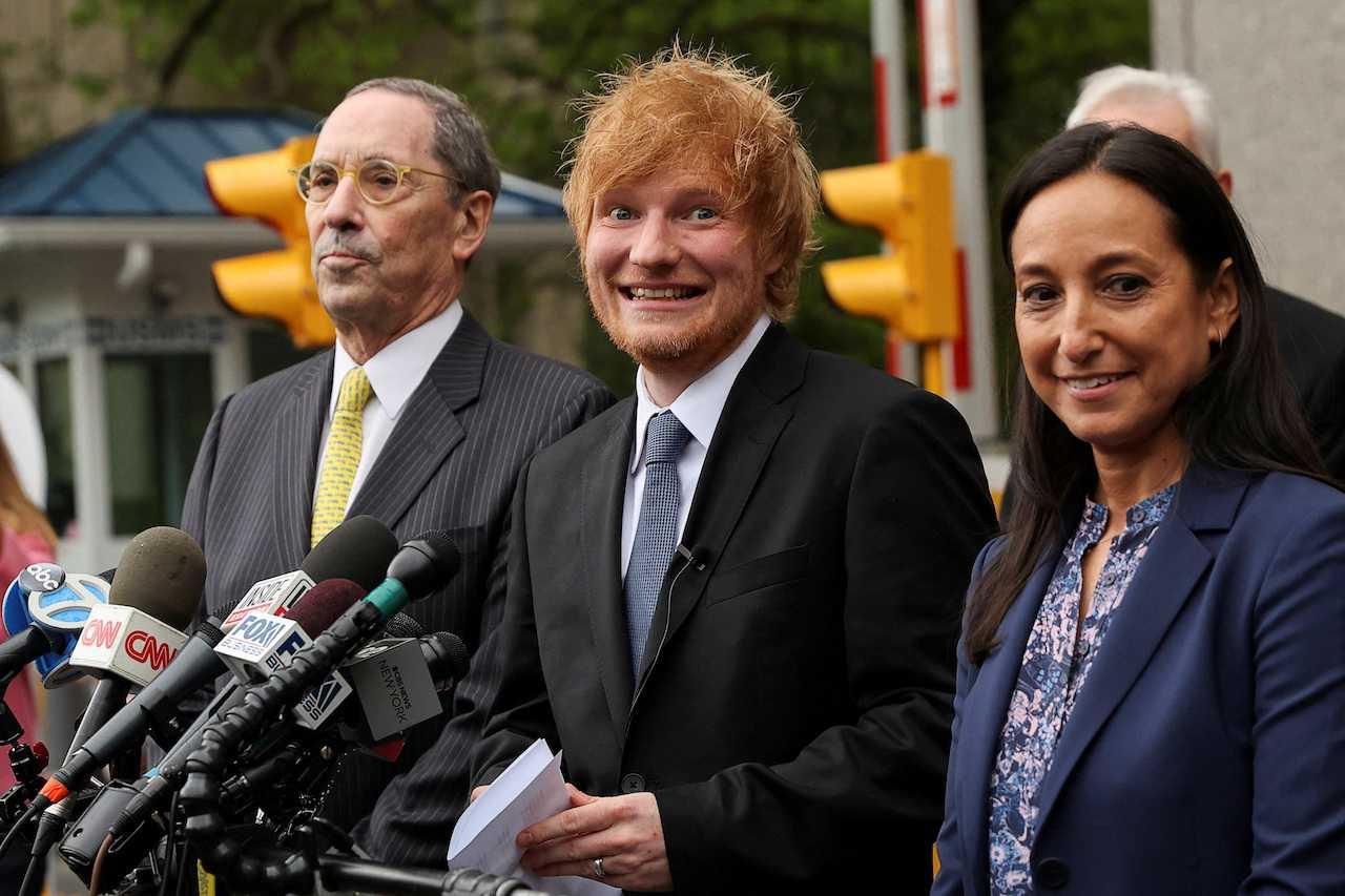 Singer Ed Sheeran reacts as he speaks to the media after his copyright trial at Manhattan federal court, in New York City, May 4. Photo: Reuters