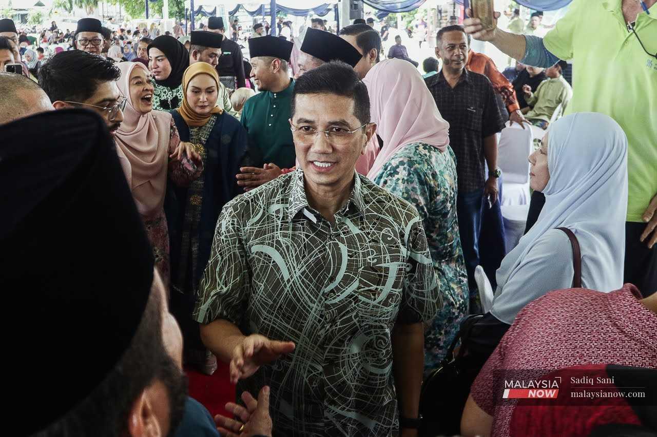 Selangor Perikatan Nasional chairman Mohamed Azmin Ali speaks to guests at an event in Gombak, Selangor, May 6.