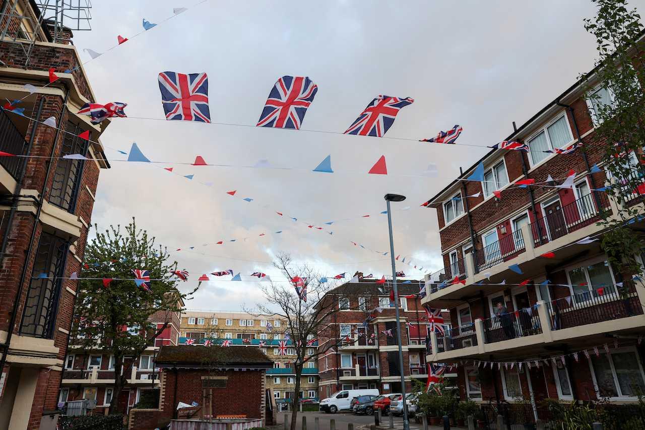 Flags adorn the Kirby Estate in Bermondsey, South London, in preparation for the coronation of Britain's King Charles in London, Britain, May 5. Photo: Reuters