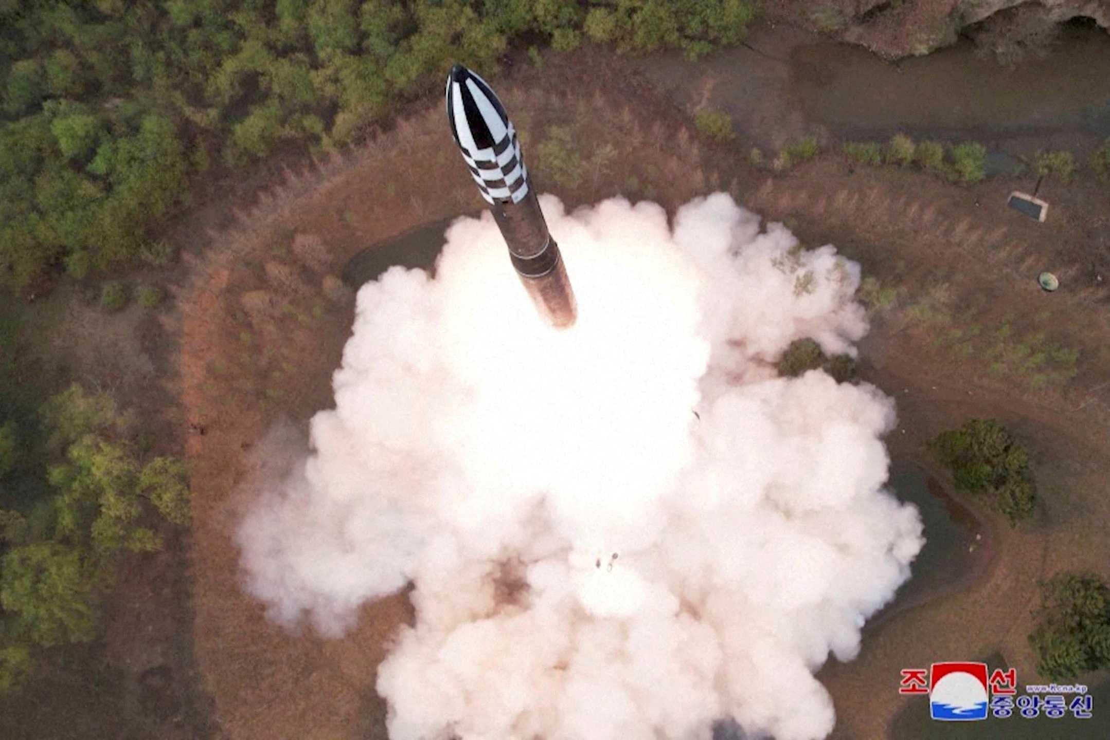 A view of a test launch of a new solid-fuel intercontinental ballistic missile (ICBM) Hwasong-18 at an undisclosed location in this still image of a photo used in a video released by North Korea's Korean Central News Agency April 14. Photo: Reuters