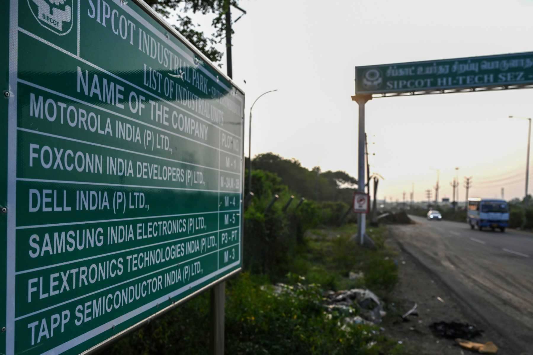 A signboard mentions the plot number of Foxconn India production unit at State Industries Promotion Corporation of Tamilnadu, a special economic zone in Sriperumbudur on the outskirts of Chennai on Dec 28, 2021. Photo: AFP