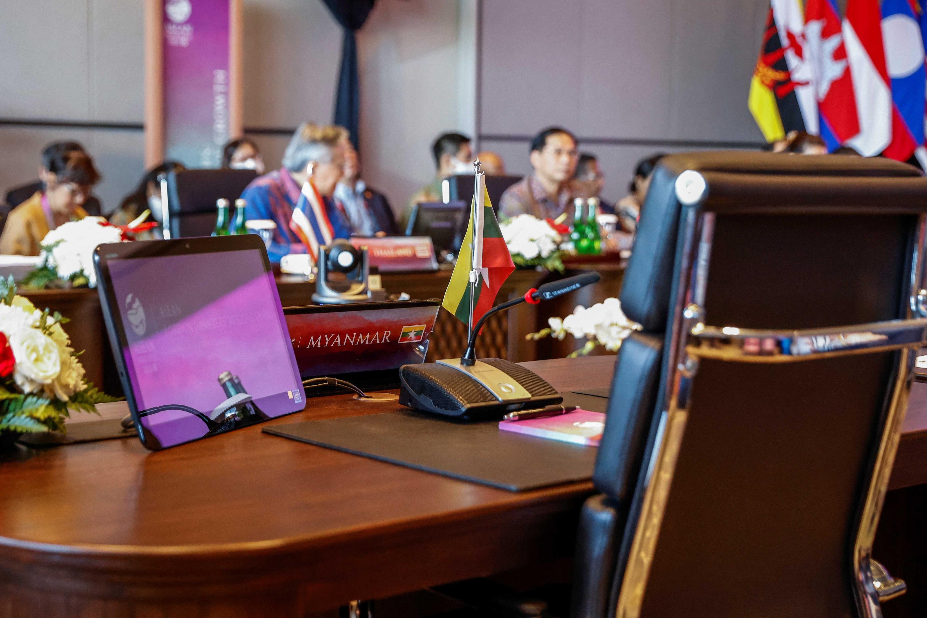 A chair for the Myanmar delegation is left empty during the Association of Southeast Asian Nations (Asean) Foreign Ministers' Meeting ahead of the 42nd Asean Summit in Labuan Bajo, East Nusa Tenggara province, Indonesia, May 9. Photo: Reuters