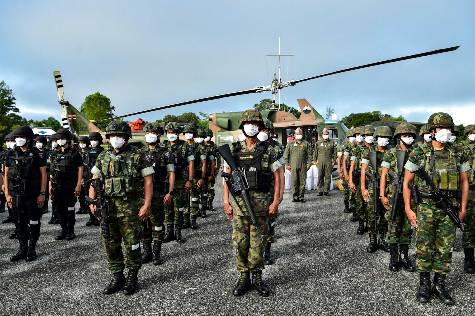 Marines stand in formation during exercises in anticipation of the flooding season, at the Chulabhorn military camp in Thailand's southern province of Narathiwat on Oct 7, 2022. Photo: AFP