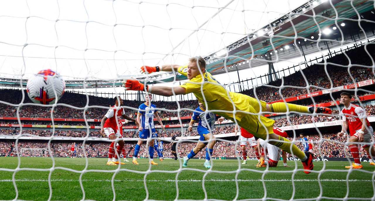 Brighton score their first goal against Arsenal at Emirates Stadium, London, May 14. Photo: Reuters
