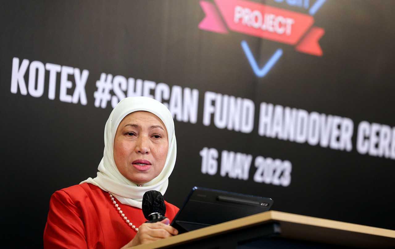Women, Family, and Community Development Minister, Nancy Shukri, at the 'Kotex She Can' project fund programme at Star Boulevard yesterday. Photo: Bernama