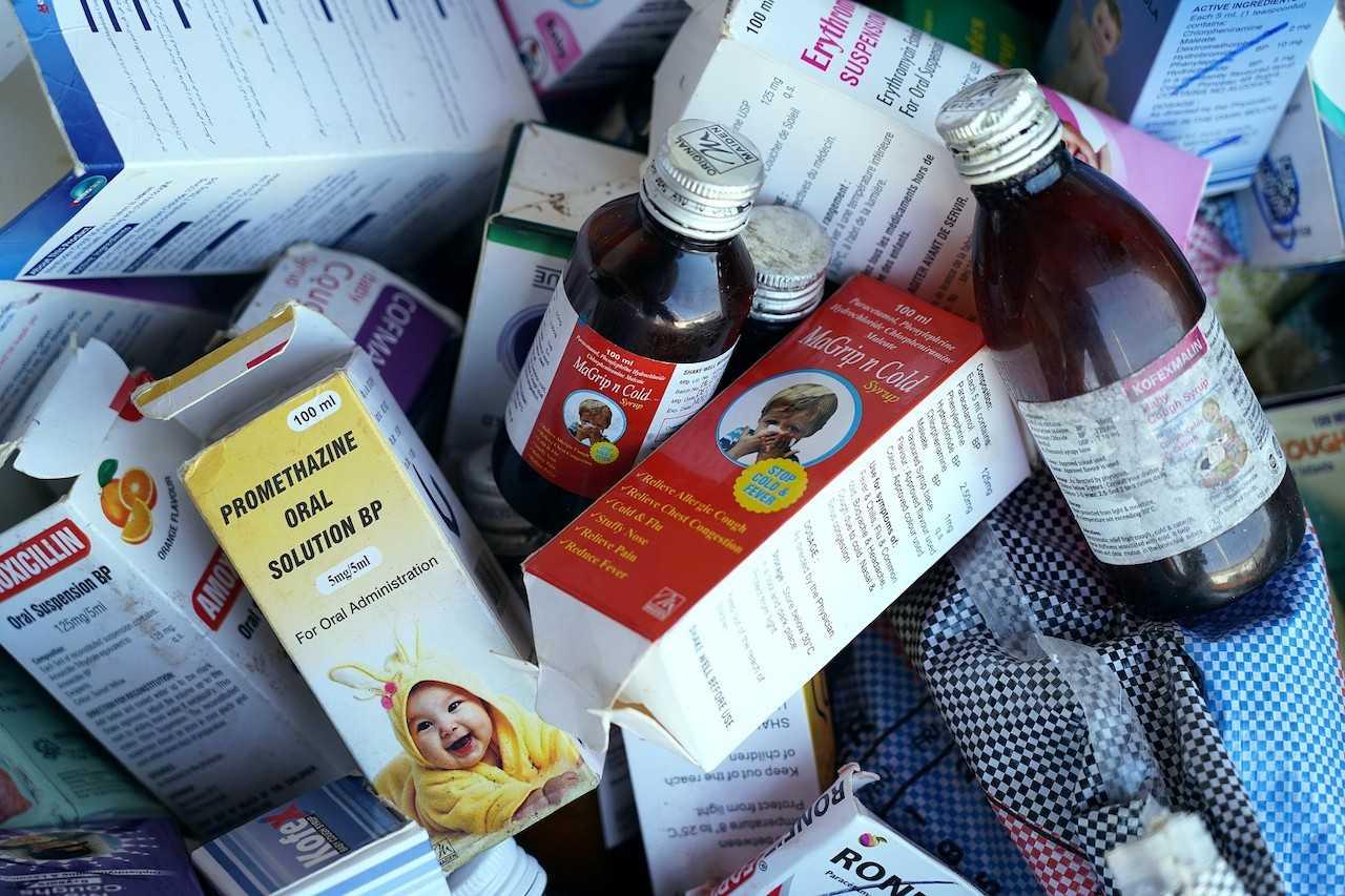 A photograph shows collected cough syrups in Banjul on Oct 6, 2022. Photo: AFP