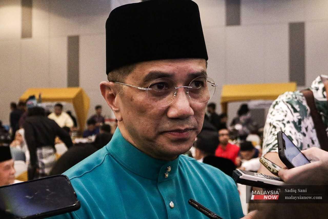 Selangor Perikatan Nasional chairman Mohamed Azmin Ali speaks to reporters at an open house event in Shah Alam, May 21.