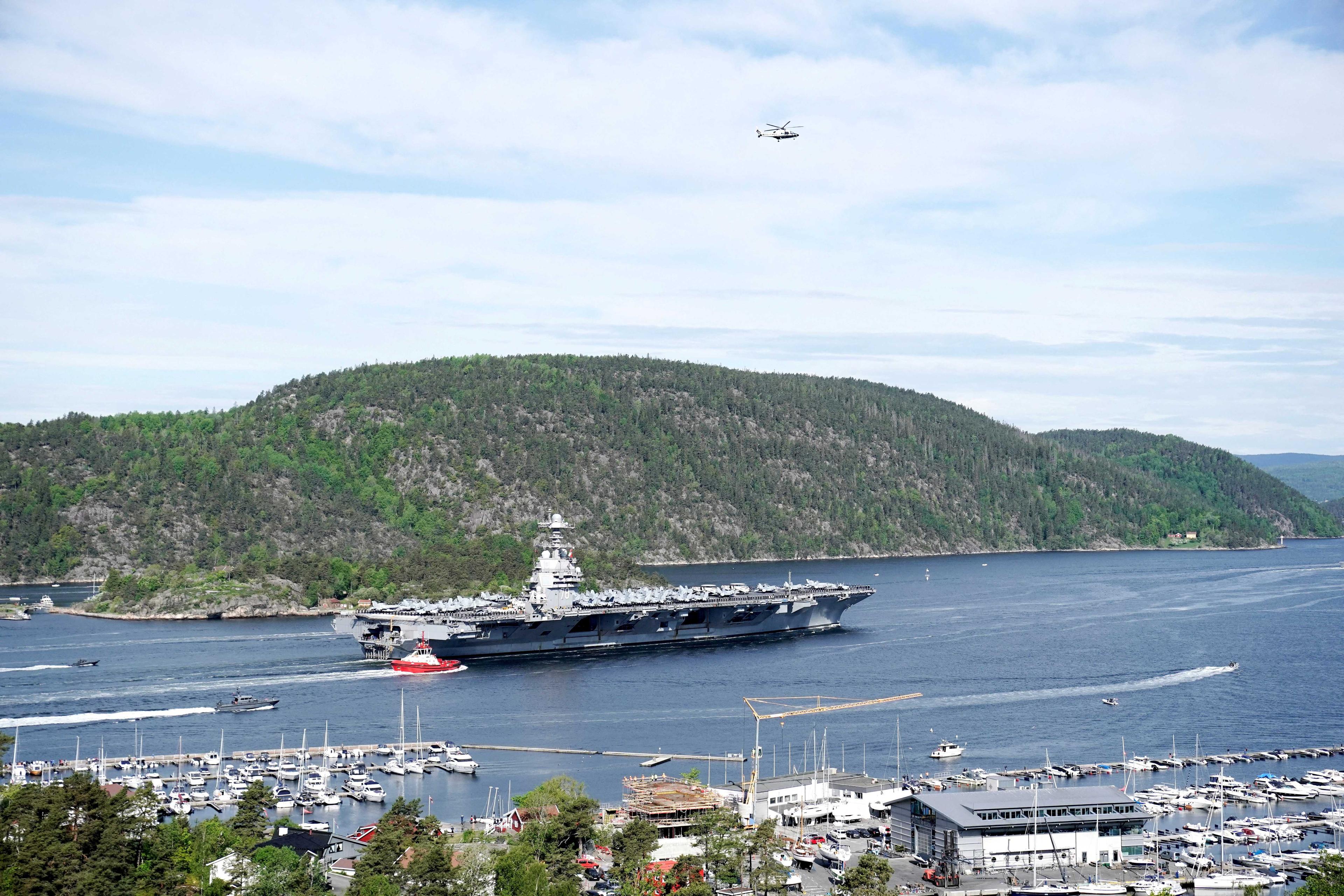 The US aircraft carrier USS Gerald R Ford on its way into the Oslo Fjord, at Drobak, Moss, Norway, May 24. Photo: Reuters
