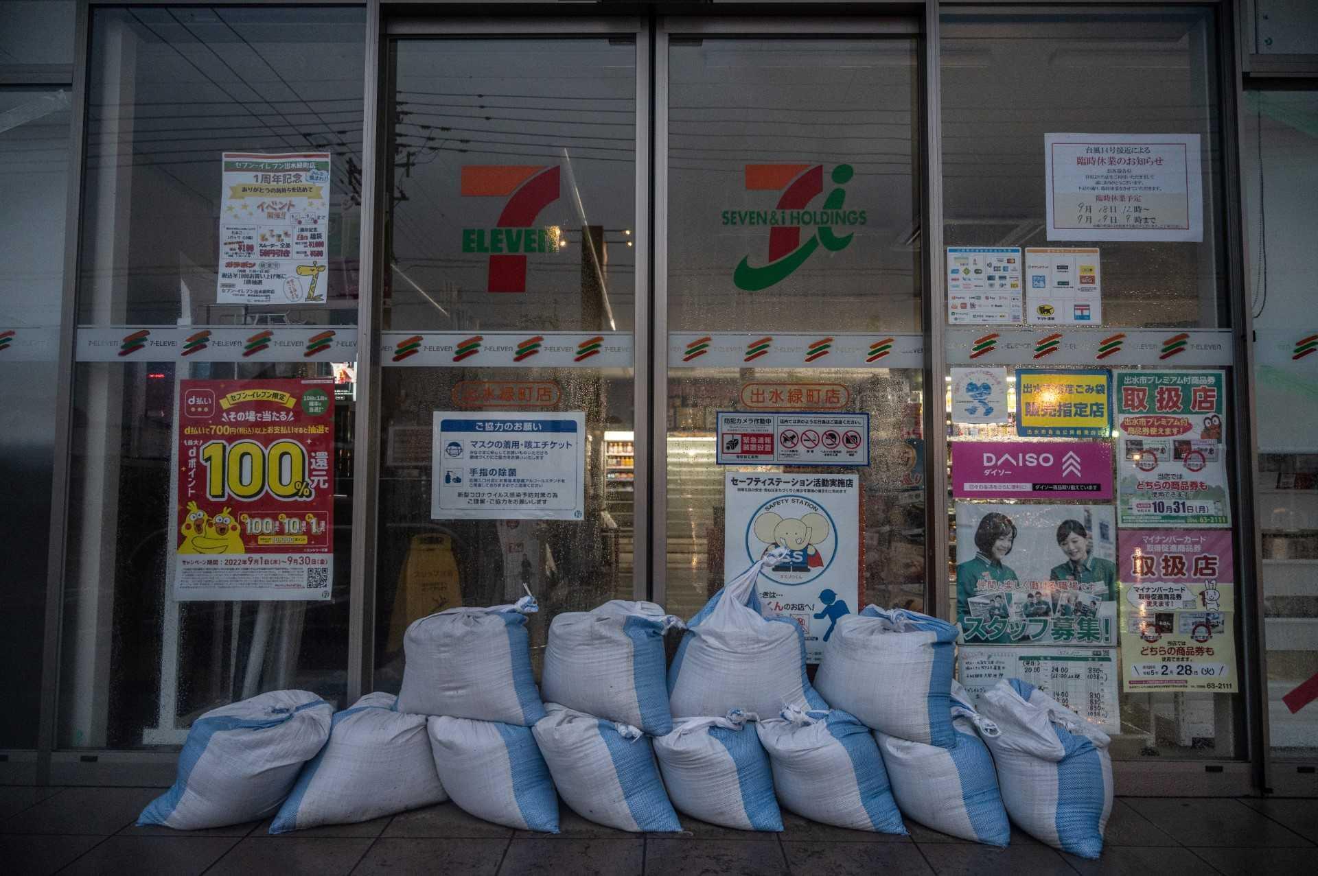 This picture shows a closed convenience store as Typhoon Nanmadol approaches in Izumi, Kagoshima prefecture on Sept 18, 2022. Photo: AFP 
