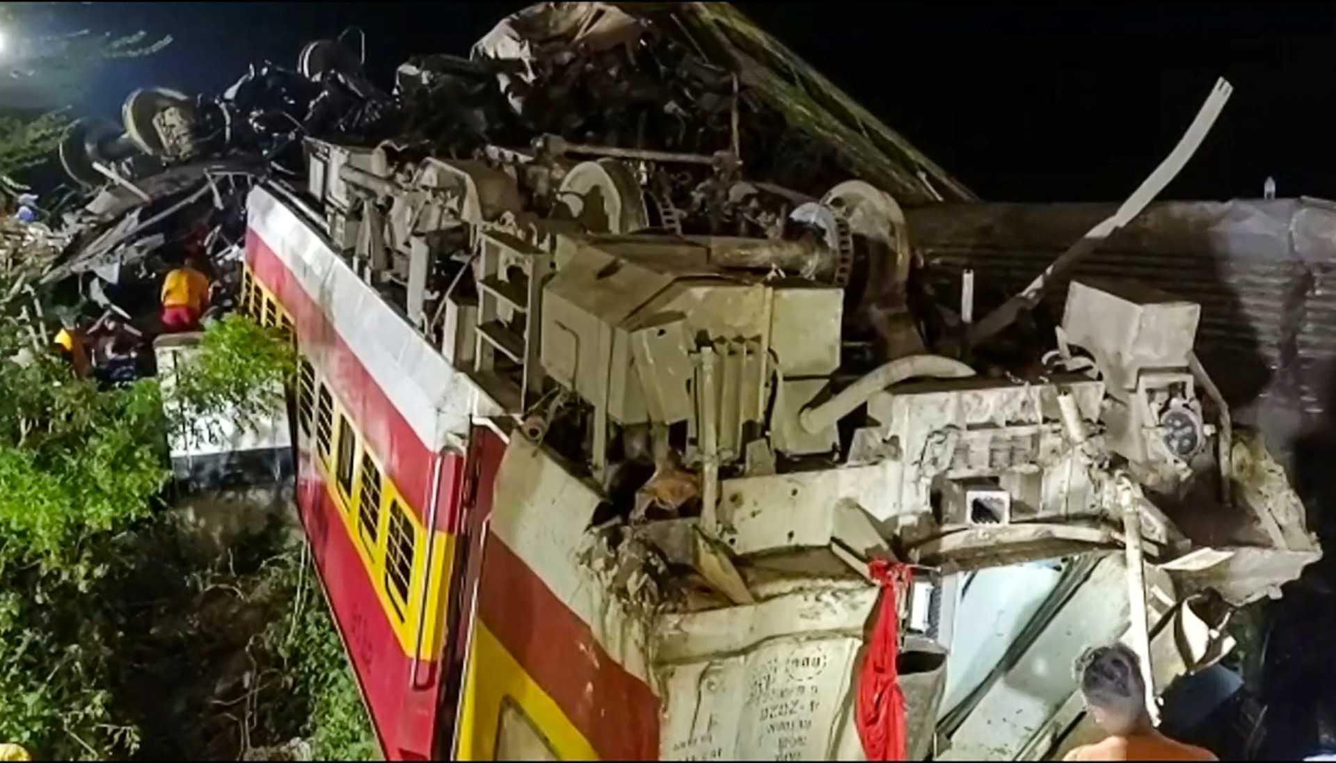 This frame grab taken from video footage on June 2 shows flipped over train carriages after a three-train collision near Balasore, about 200km from Bhubaneswar, capital of eastern India's Odisha state. Photo: AFP 