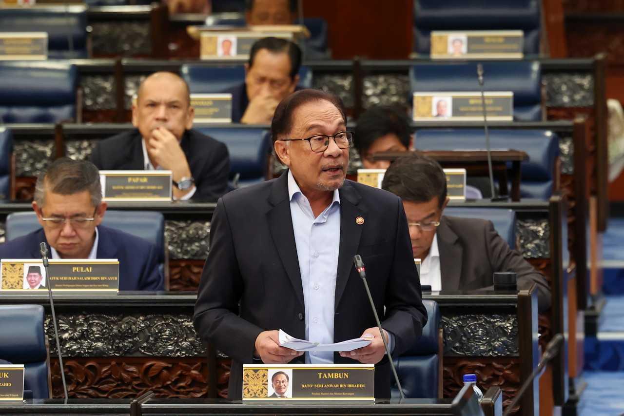 Prime Minister Anwar Ibrahim during the question-and-answer session in the Dewan Rakyat today. Photo: Bernama