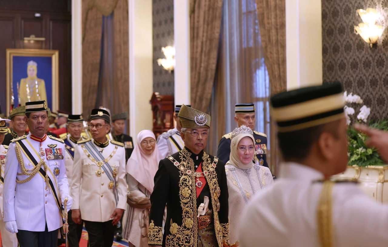 Yang di-Pertuan Agong Sultan Abdullah Sultan Ahmad Shah with Raja Permaisuri Agong Tunku Azizah Aminah Maimunah Iskandariah at Istana Negara in Kuala Lumpur, June 5. Photo: Bernama
