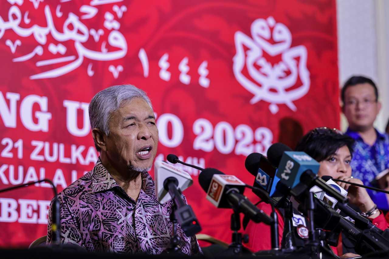 Umno President Ahmad Zahid Hamidi speaks during a press conference held in conjunction with the Umno General Assembly 2023 at the World Trade Centre in Kuala Lumpur today. Photo: Bernama