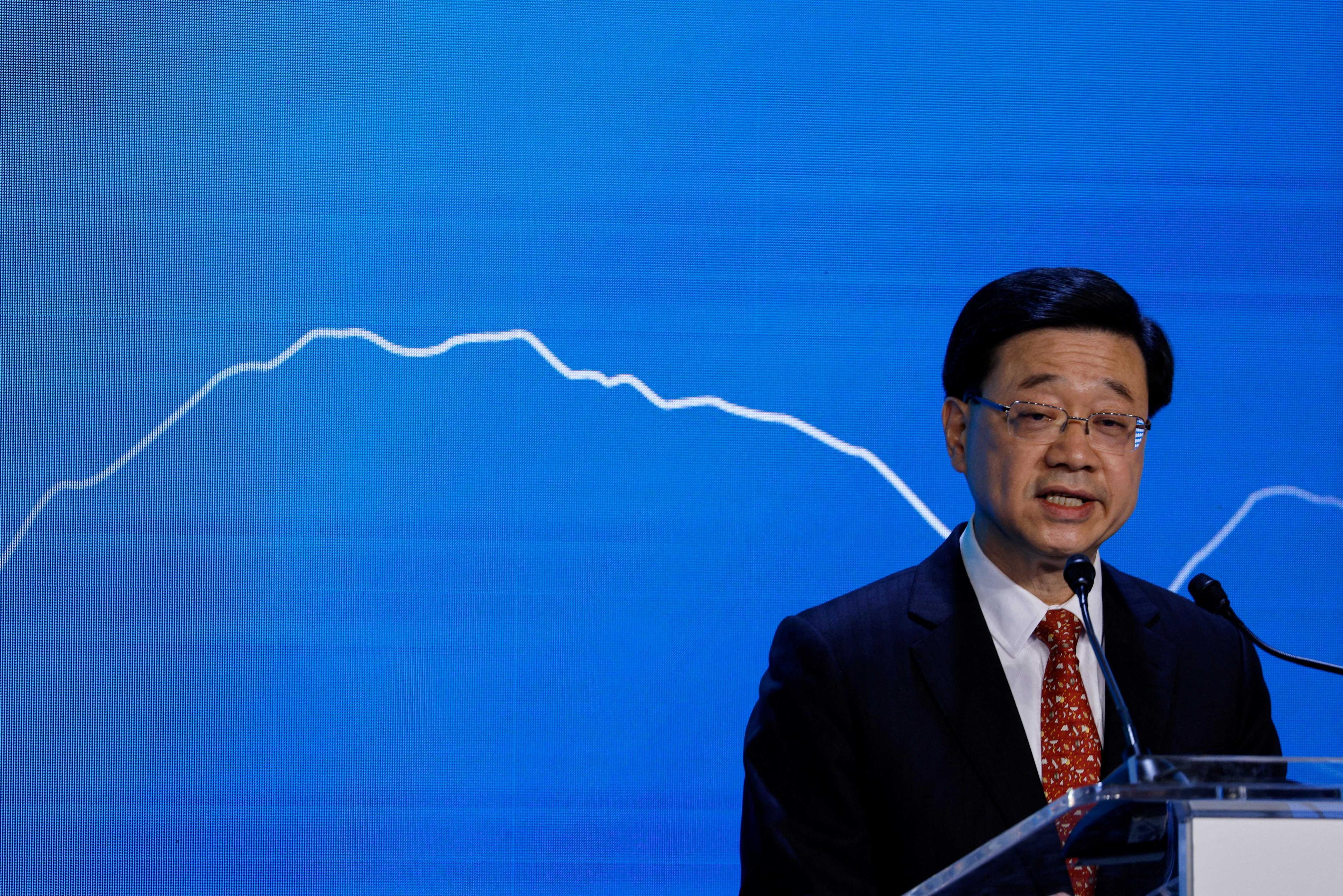 Hong Kong Chief Executive John Lee speaks during the Global Financial Leaders Investment Summit in Hong Kong, China Nov 2, 2022. Photo: Reuters