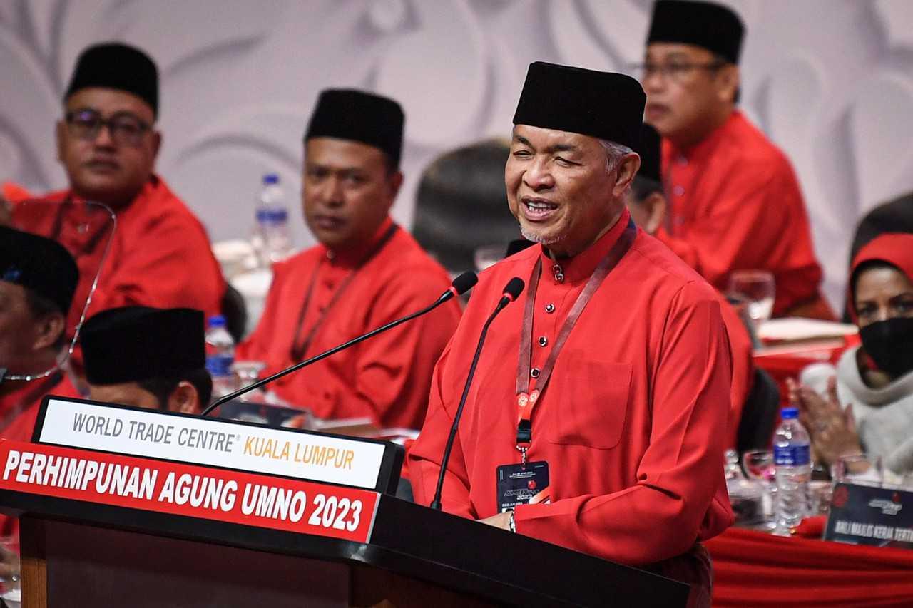Umno president Ahmad Zahid Hamidi speaks at the 2023 Umno general assembly at the World Trade Centre in Kuala Lumpur today. Photo: Bernama