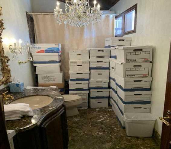 Boxes of documents stored in a bathroom at Donald Trump's Mar-a-Lago club in Florida in early 2021 as seen in the document released by the Justice Department in Washington, US, June 9. Photo: Reuters