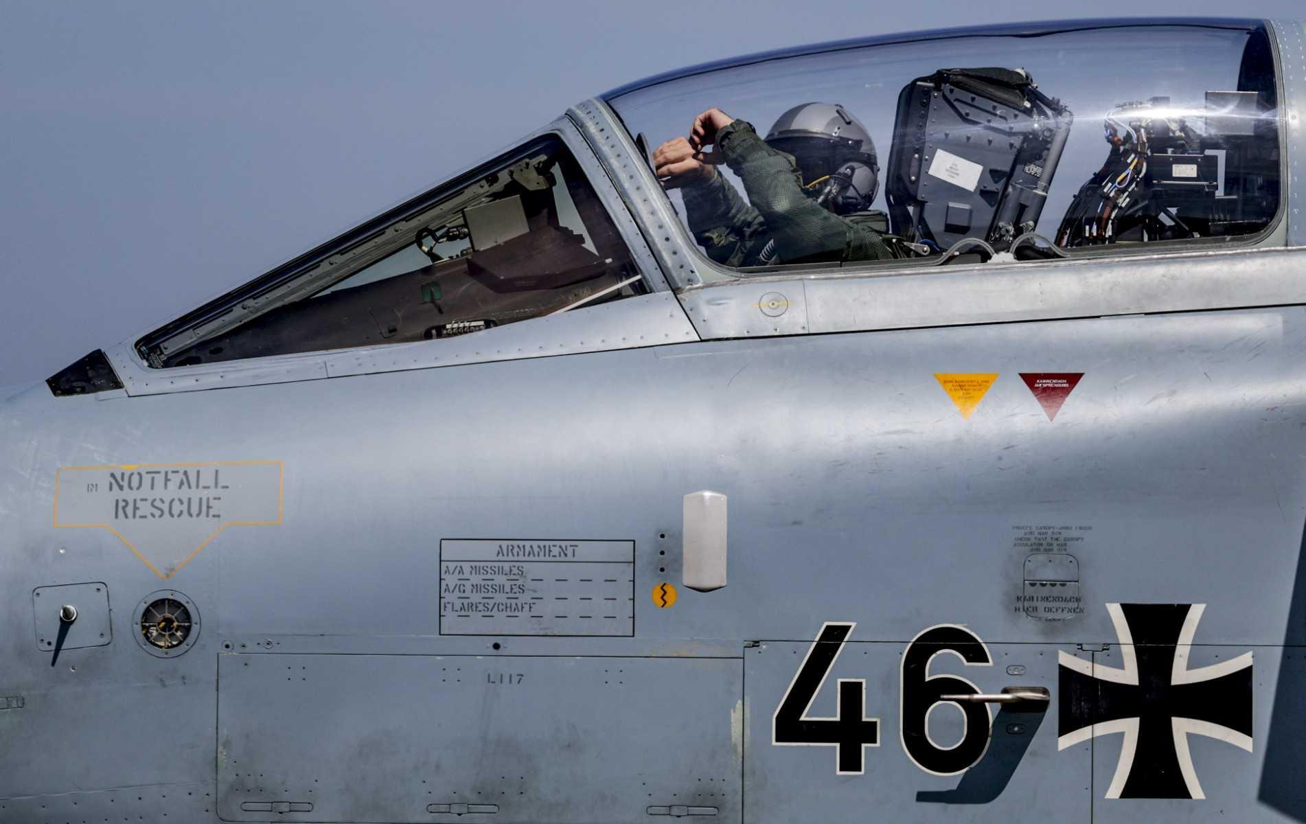 A pilot of a German ECR Tornado aircraft gestures from the cockpit during takeoff at the Air Defender Exercise 2023 in the military airport of Jagel, northern Germany, on June 9. Photo: AFP 
