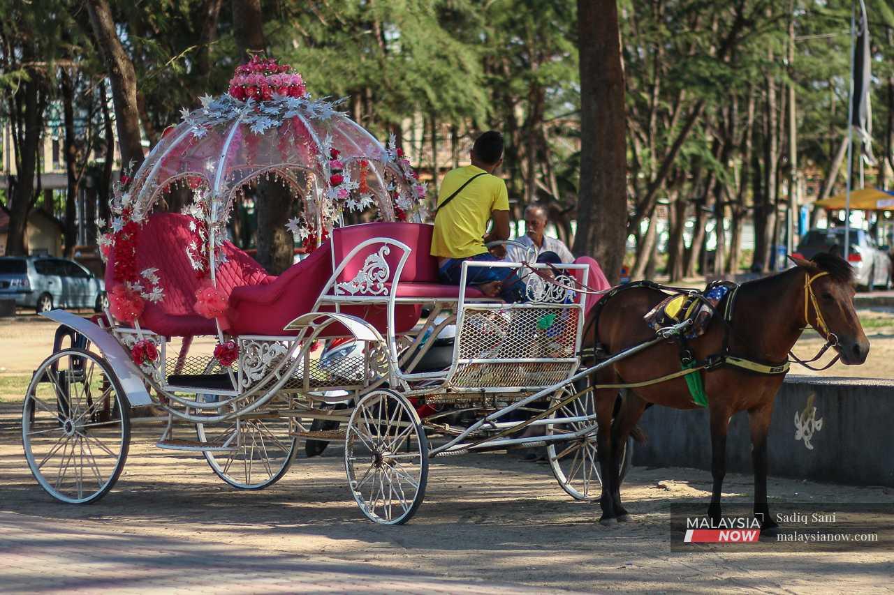 A man waits for customers at his horse-drawn carriage in Pantai Melawi. 