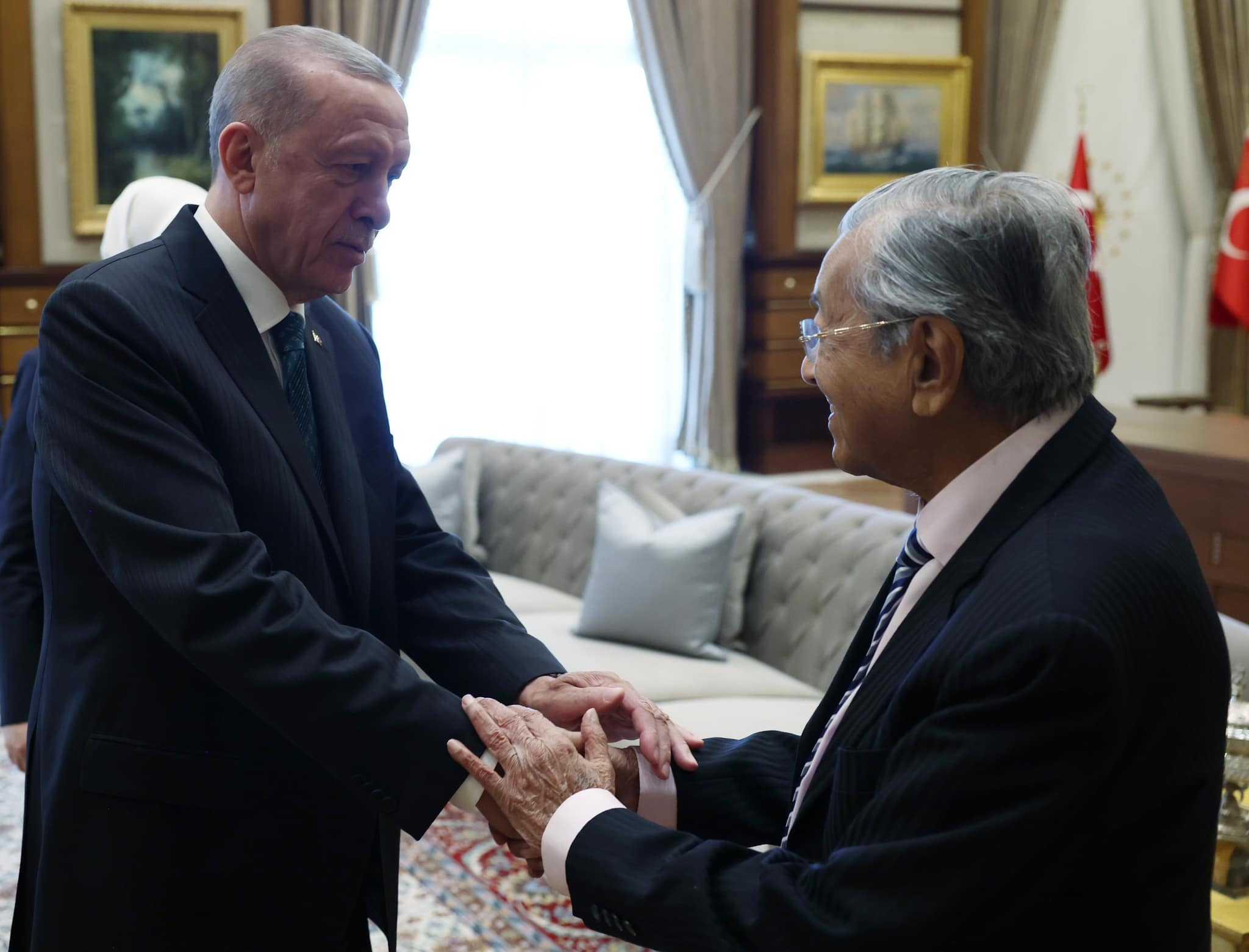 Former prime minister Dr Mahathir Mohamad with Turkish President Recep Tayyip Erdogan during a meeting at the presidential palace in Ankara. Photo: Facebook 
