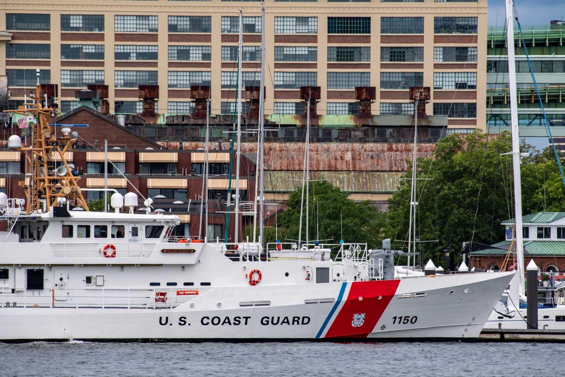 A US Coast Guard vessel sits in port in Boston Harbor across from the US Coast Guard Station Boston in Boston, Massachusetts, on June 19. Photo: AFP 