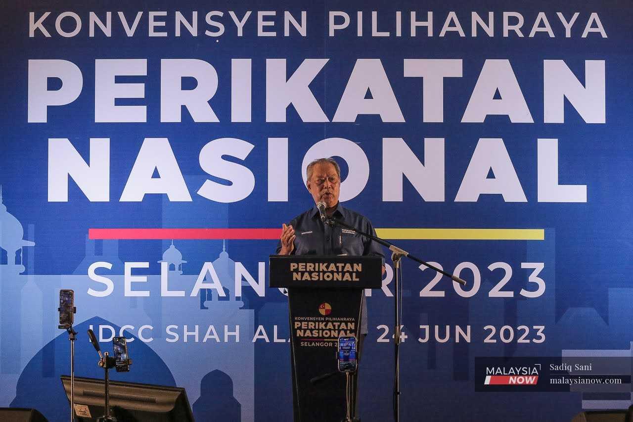 Perikatan Nasional chairman Muhyiddin Yassin speaks at an event in Shah Alam, June 24. 
