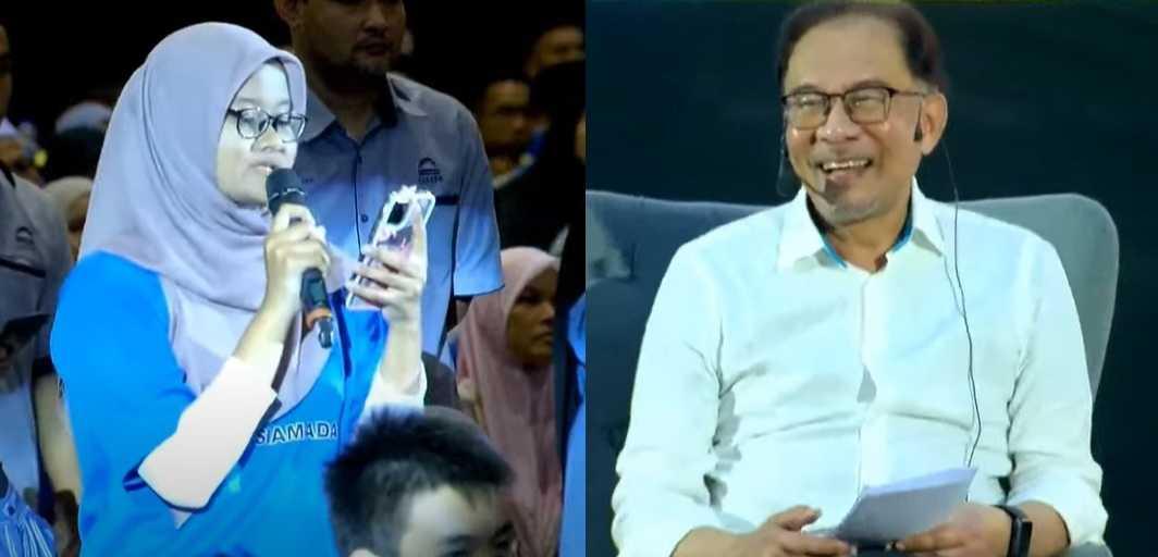 Form Six student Adriana posing questions to Prime Minister Anwar Ibrahim at an event in Universiti Sains Islam Malaysia in Nilai, Negeri Sembilan on June 24, 2023.