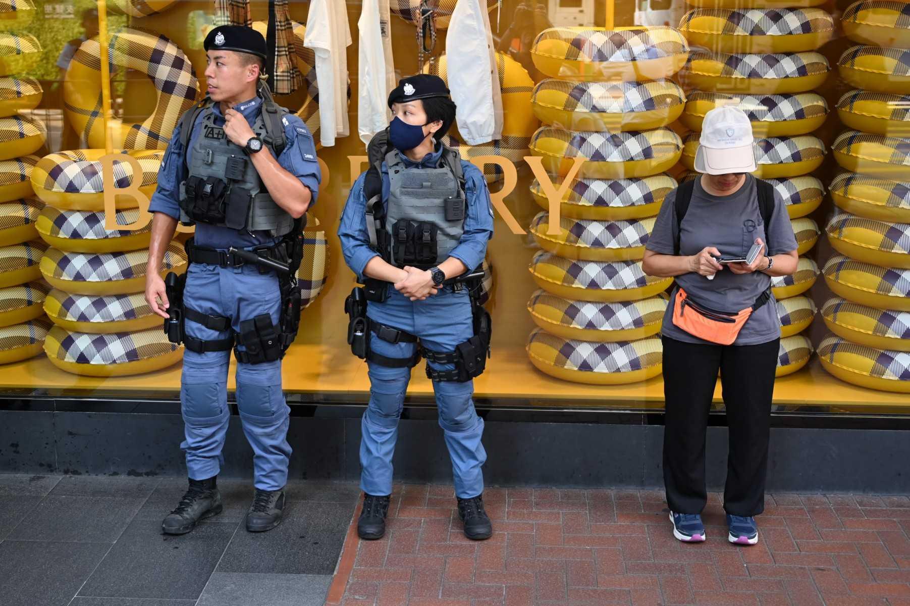 Police patrol in the Causeway Bay shopping district of Hong Kong on June 4. Photo: AFP 