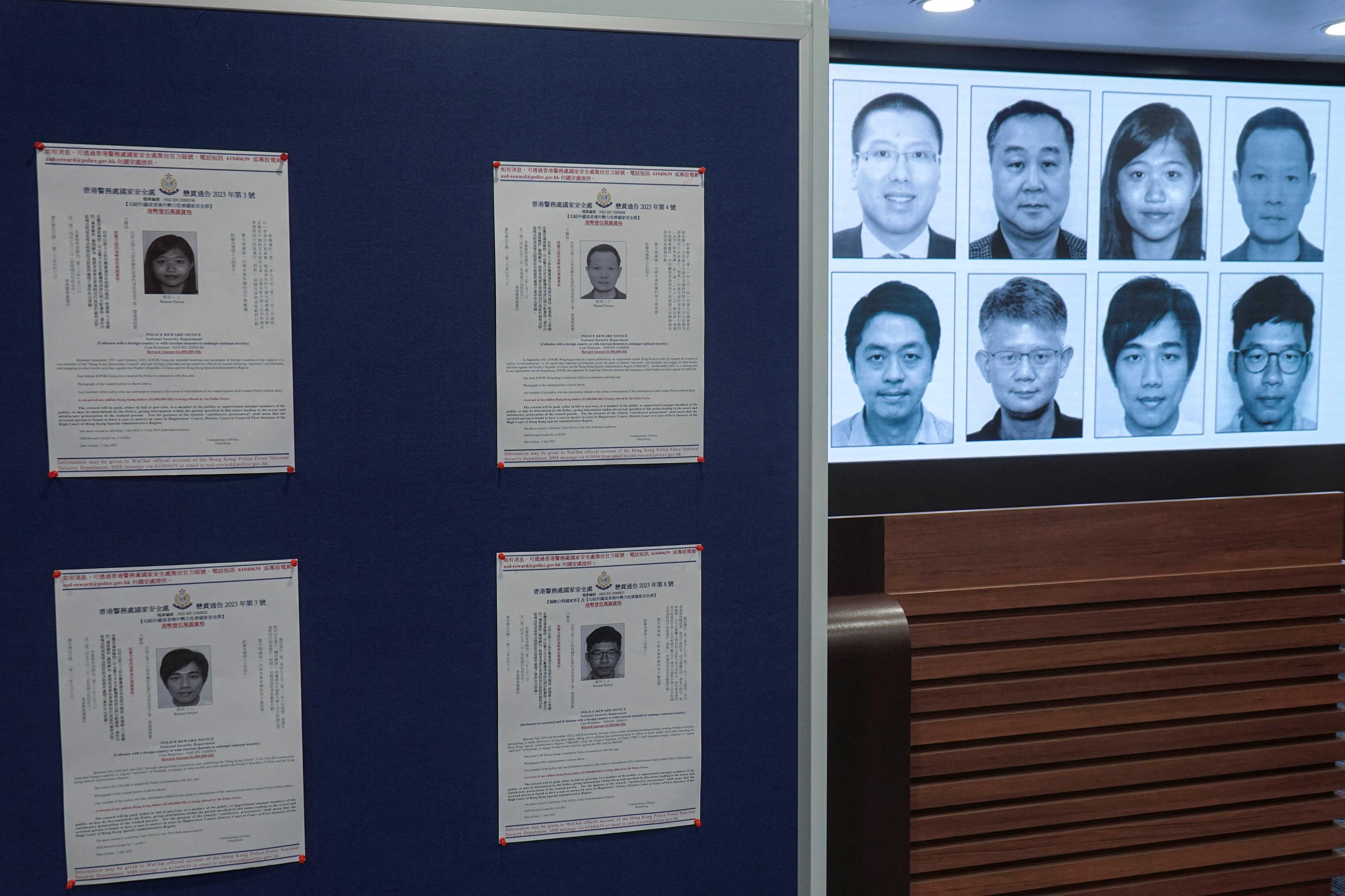 Photos of eight activists who have been issued arrest warrants over national security are displayed during a press conference in Hong Kong, China July 3. Photo: Reuters